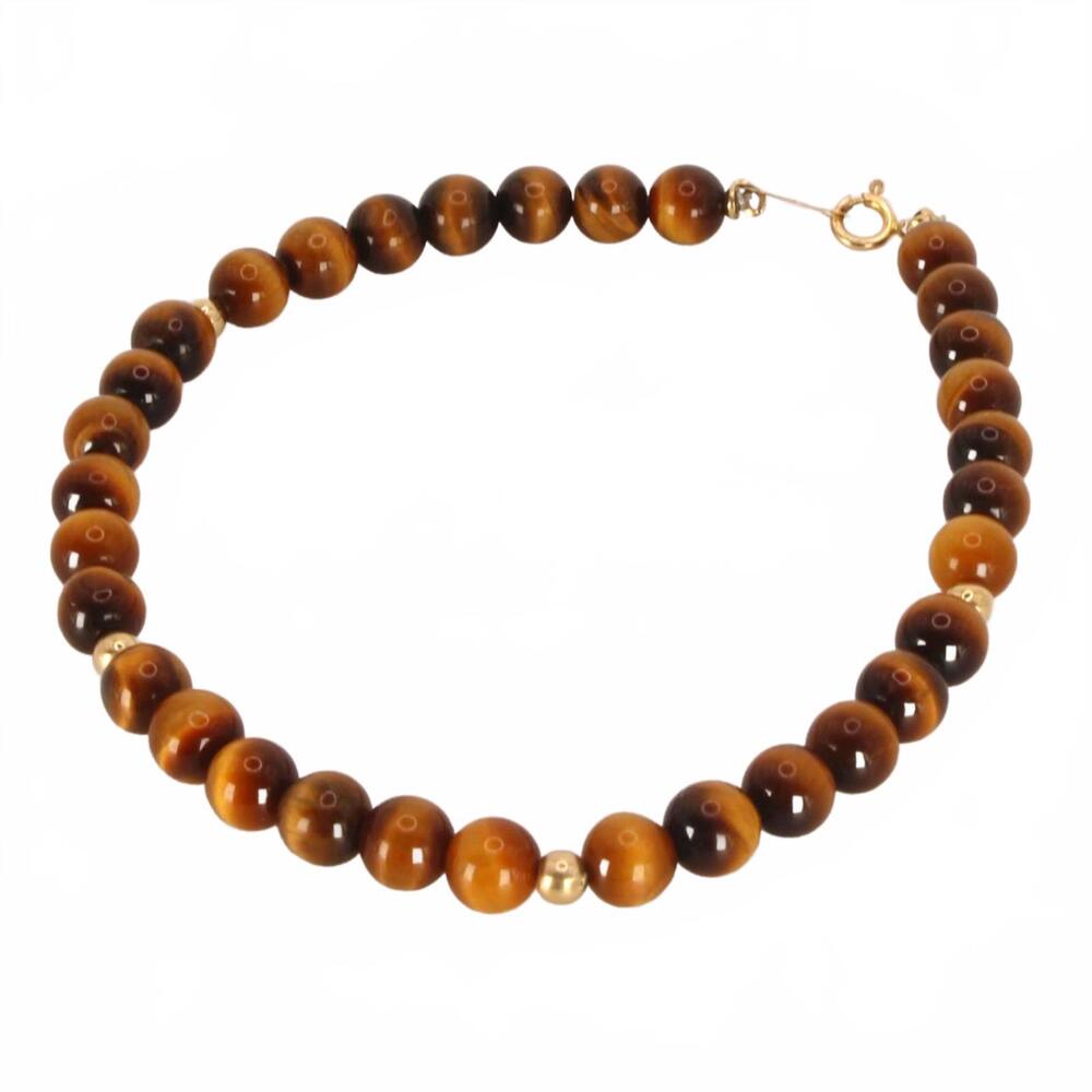 Vintage 14kt Yellow Gold Tiger's Eye Round Bead Bracelet 6.75"